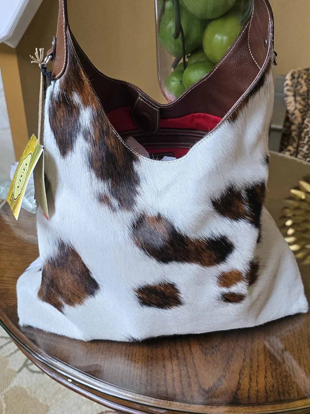 Cowhide Calvacanti Shoulder Tote in White and Chocolate Brown.